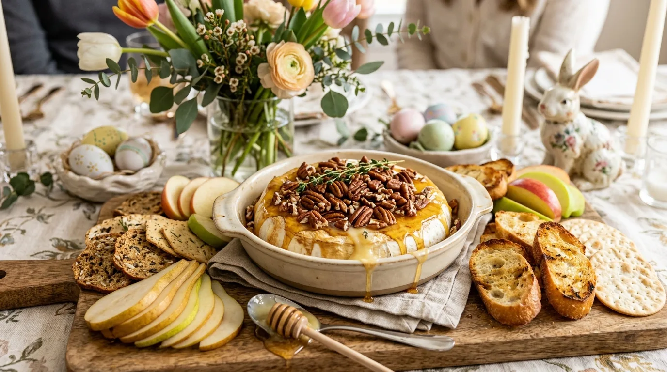 Baked Brie topped with honey, pecans, and thyme with fruit and crackers