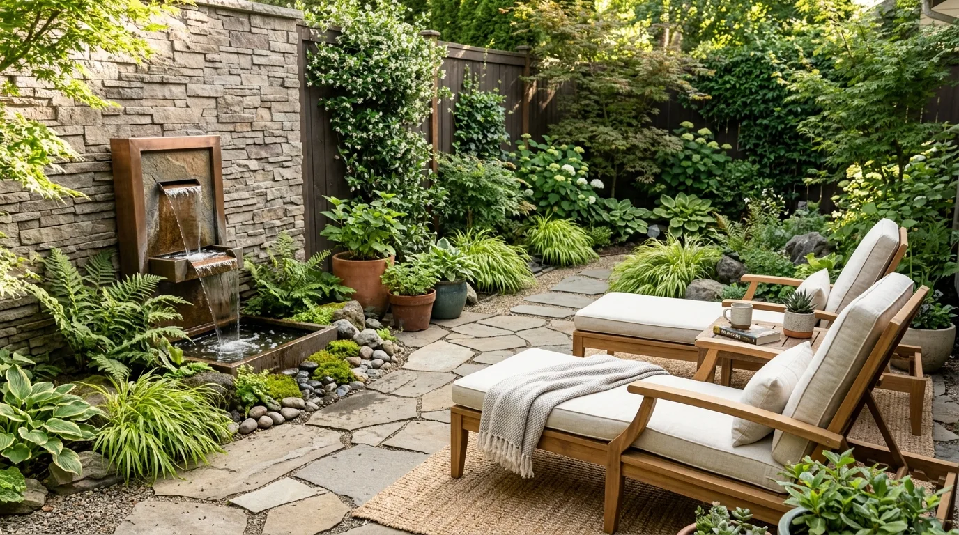 Minimalist small concrete patio with streamlined furniture, timber accents, and large planters
