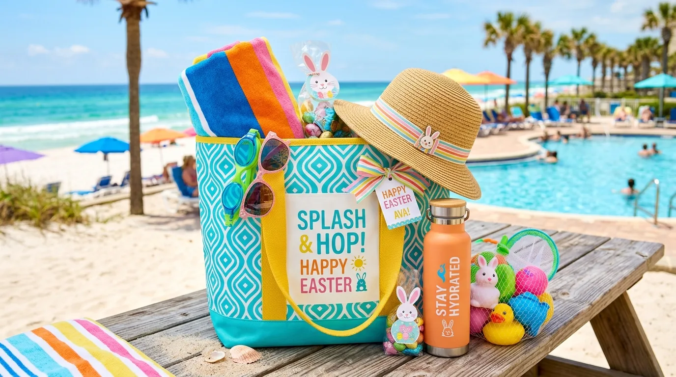Sports-themed Easter basket with ball, water bottle and athletic accessories