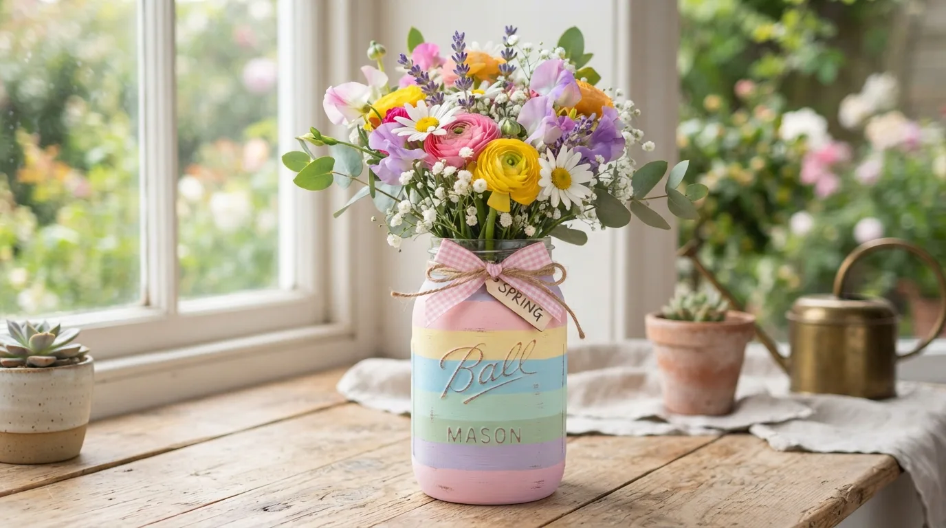 Farmhouse Easter Mason jar centerpiece with white flowers and burlap