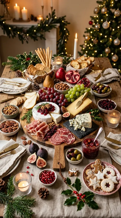 Rustic farmhouse grazing table with cheese, meats, fruit, vegetables, and bread