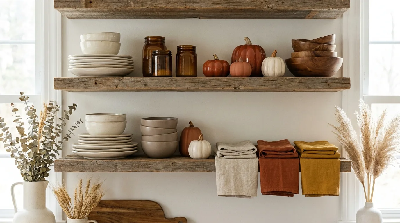 Warm fall dining table with linen runner, autumn napkins, pumpkins, and candles