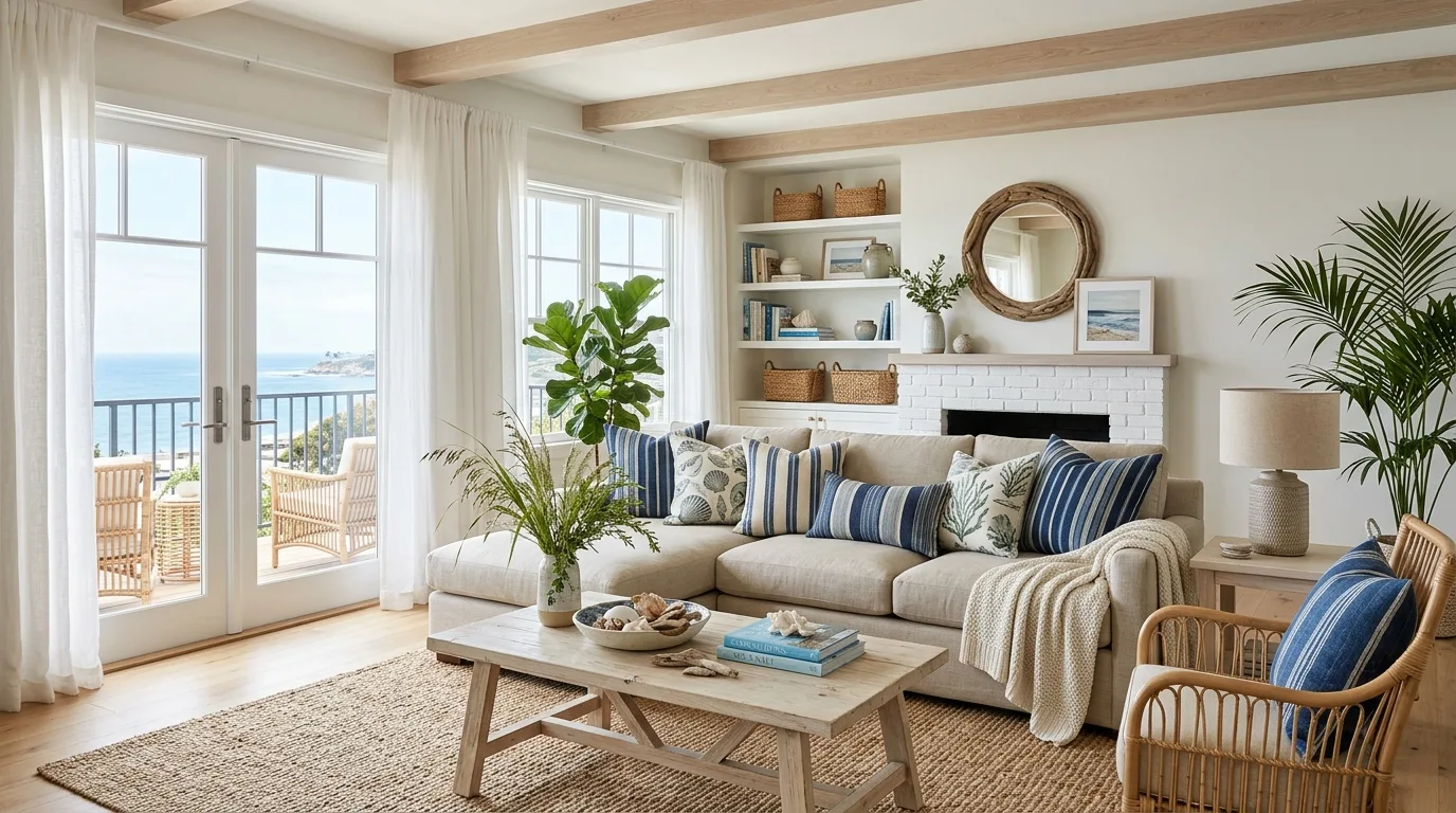 Coastal living room featuring rattan chairs, woven baskets, and natural textures