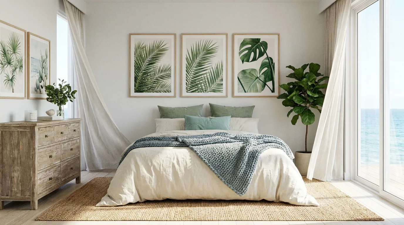 Airy coastal bedroom with lightweight linen curtains and filtered sunlight