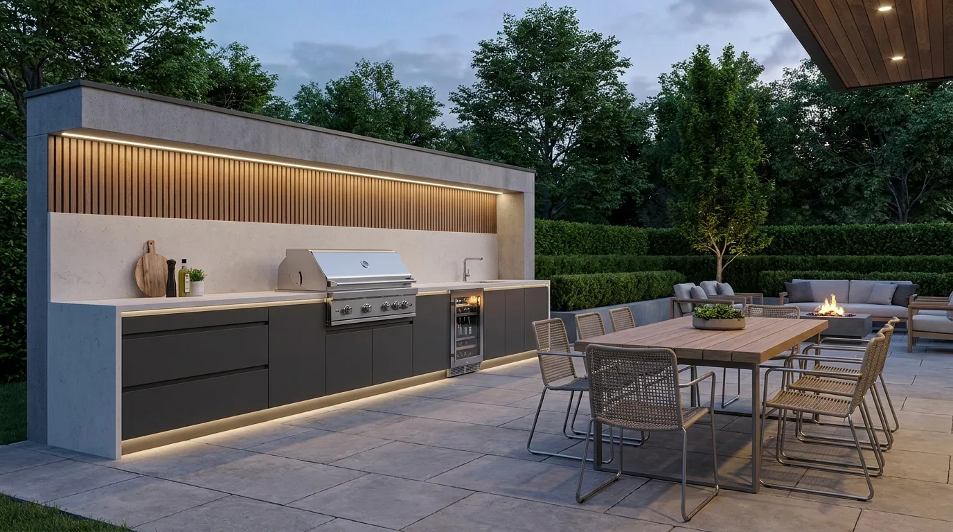 Outdoor kitchen with refrigerator, beverage station, grill, and bar seating