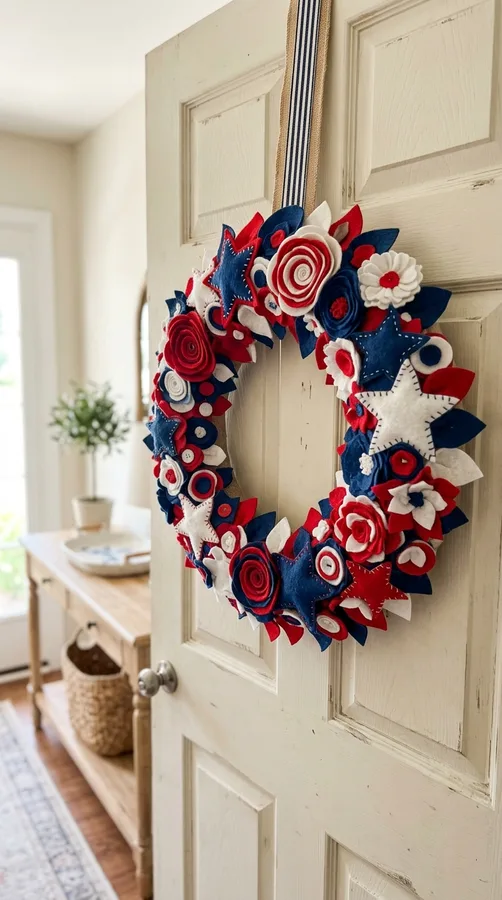 Firecracker-inspired wreath made with curled red white and blue ribbon