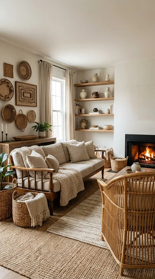 Round coffee table in a compact cozy apartment living room