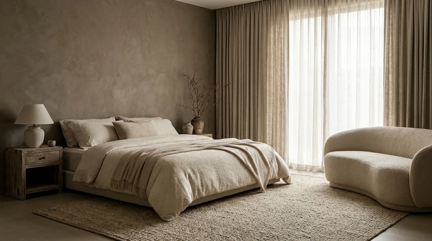 Japandi minimalist bedroom with low wood bed, neutral colors, and organic textures