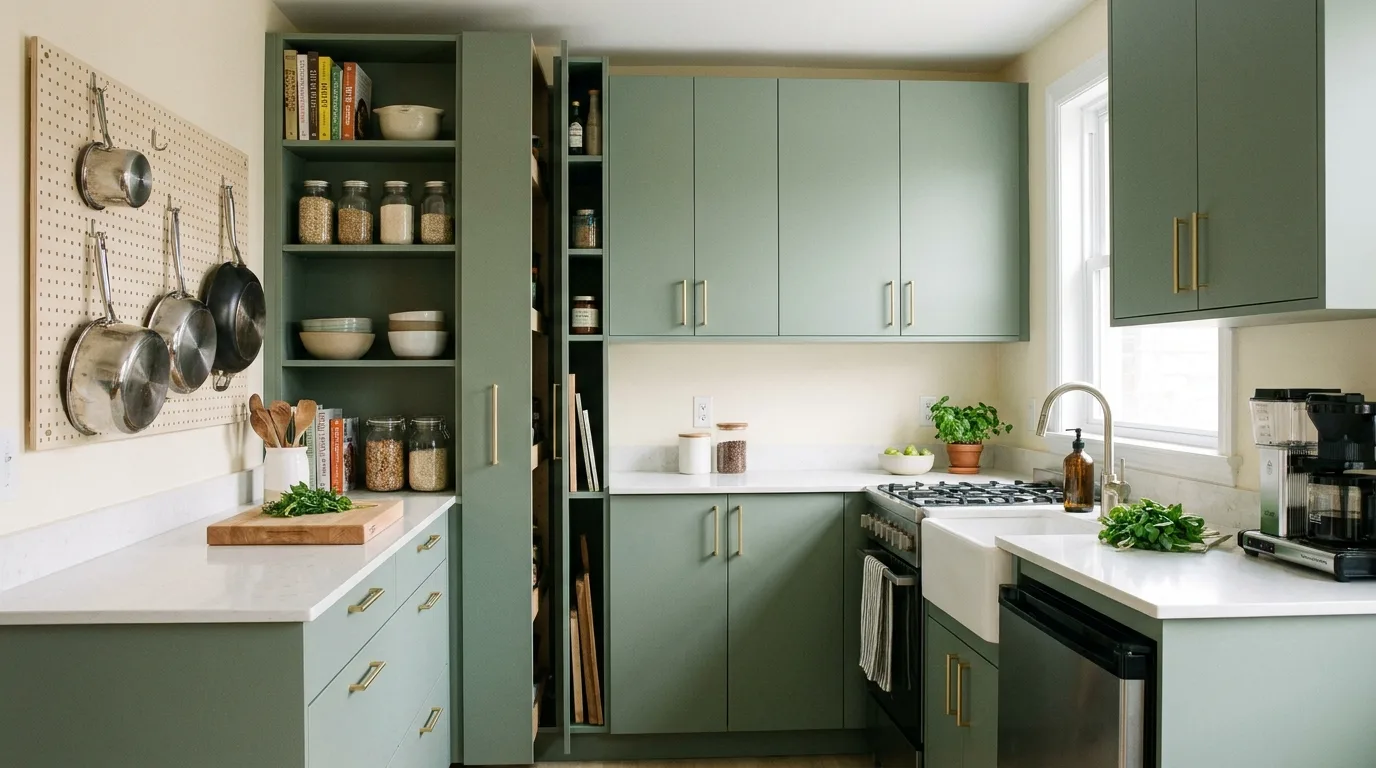 Earthy sage green kitchen with warm natural wood cabinetry accents