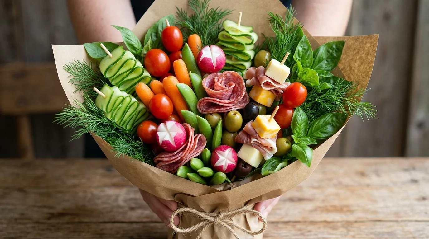 Prosciutto and melon charcuterie bouquet with fresh herbs