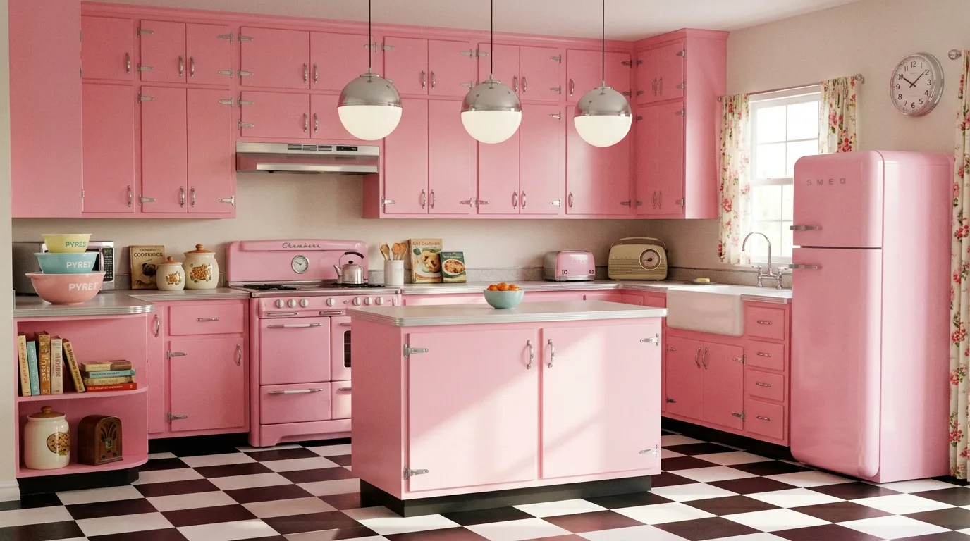 Neutral kitchen featuring a soft pink tile backsplash
