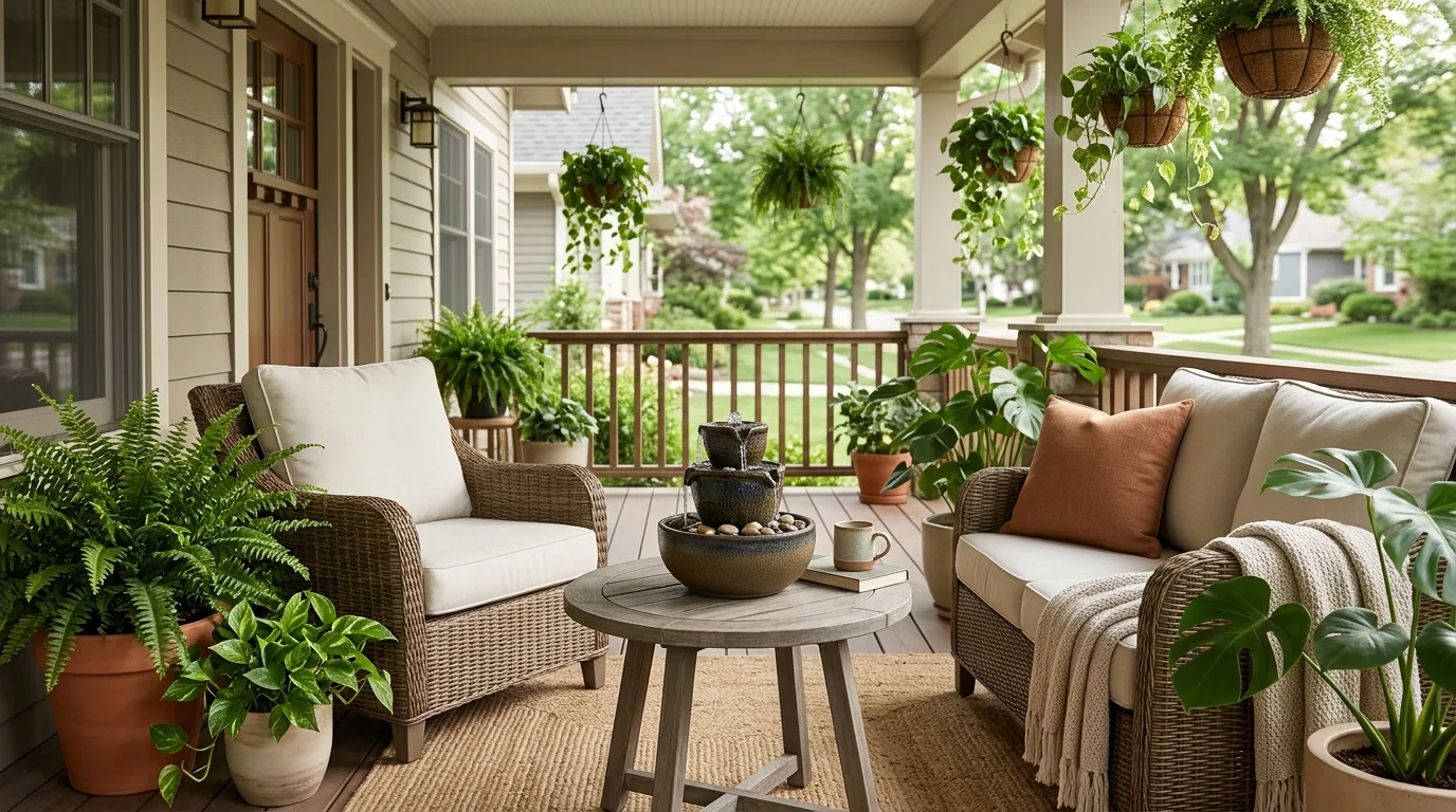 Natural outdoor rug anchoring a summer porch