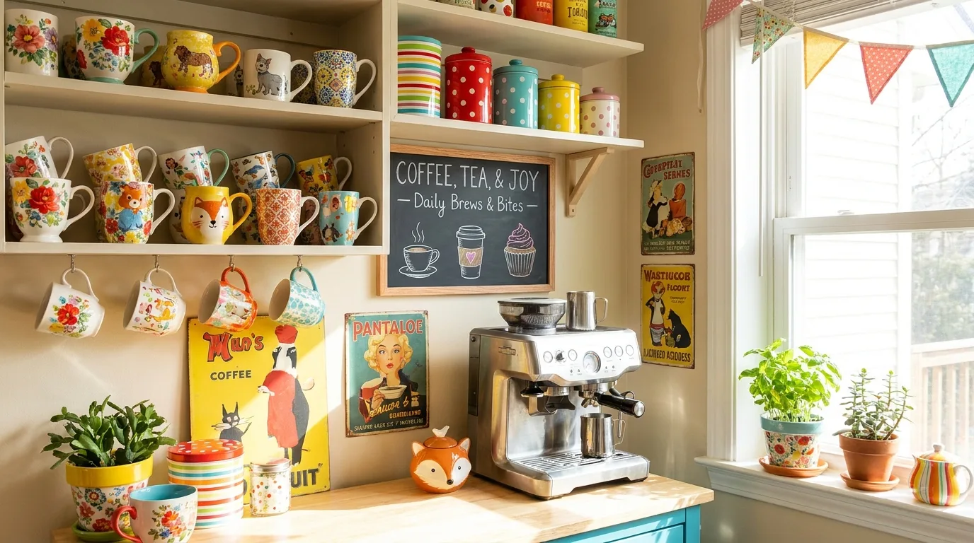 Small apartment coffee station using vertical storage and a compact countertop setup