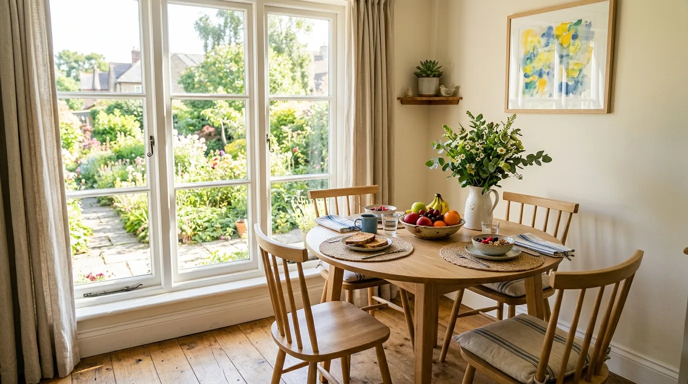 Living room with botanical print pillows and nature-inspired artwork