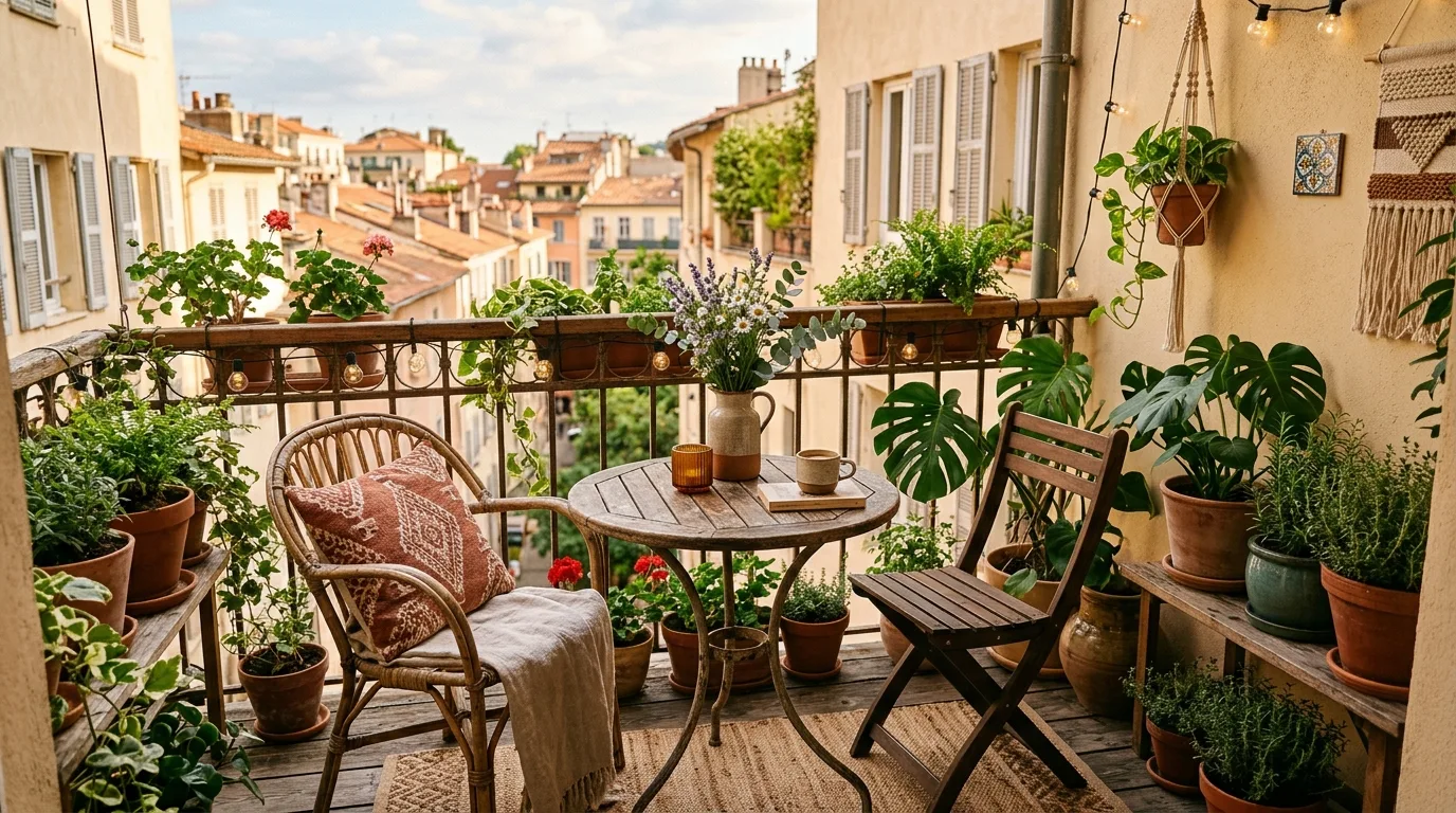 Warm lantern display creating a cozy evening boho balcony