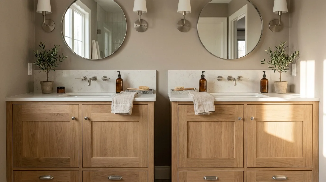 Decorative ceramic soap dish styled beside a bathroom sink