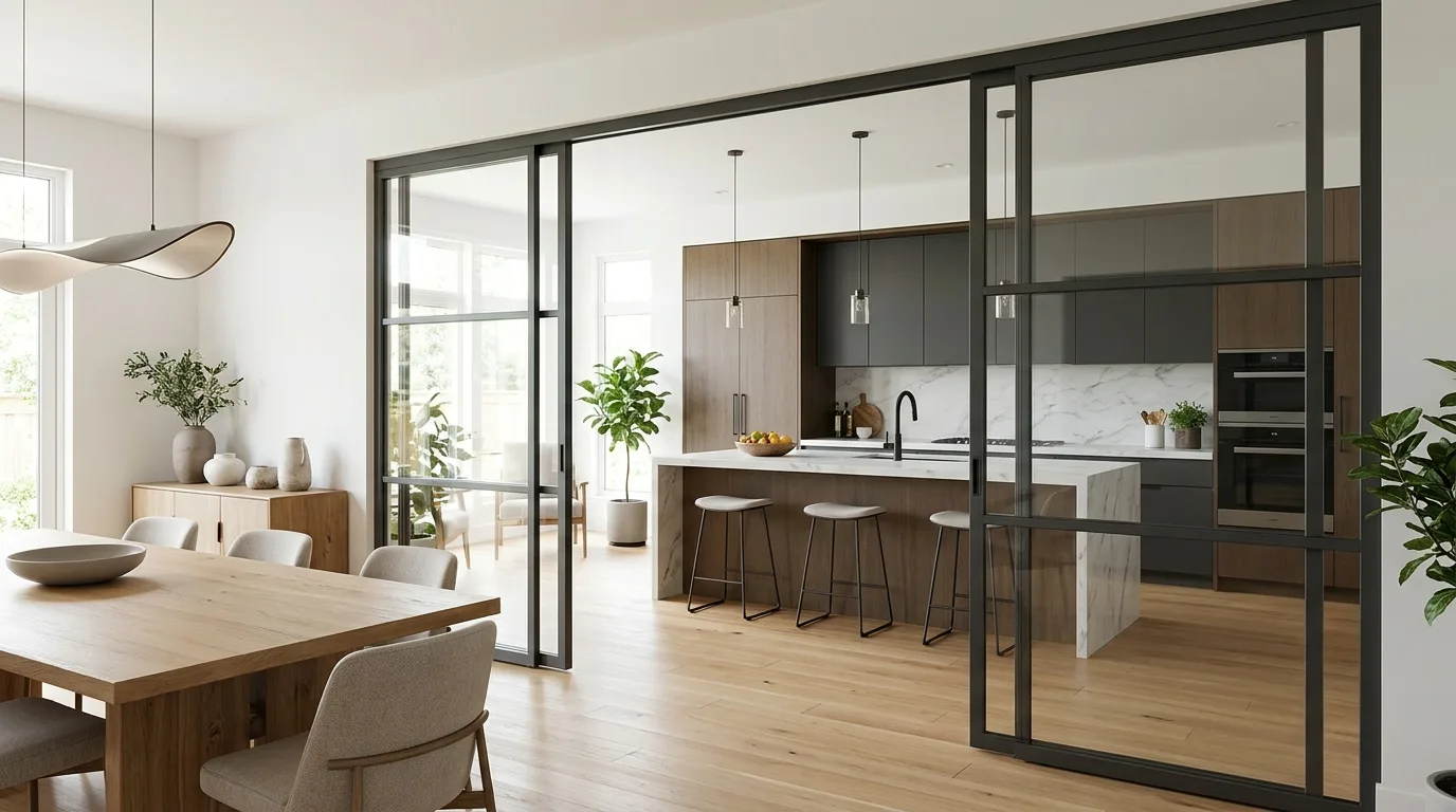 Kitchen separated by sliding glass doors