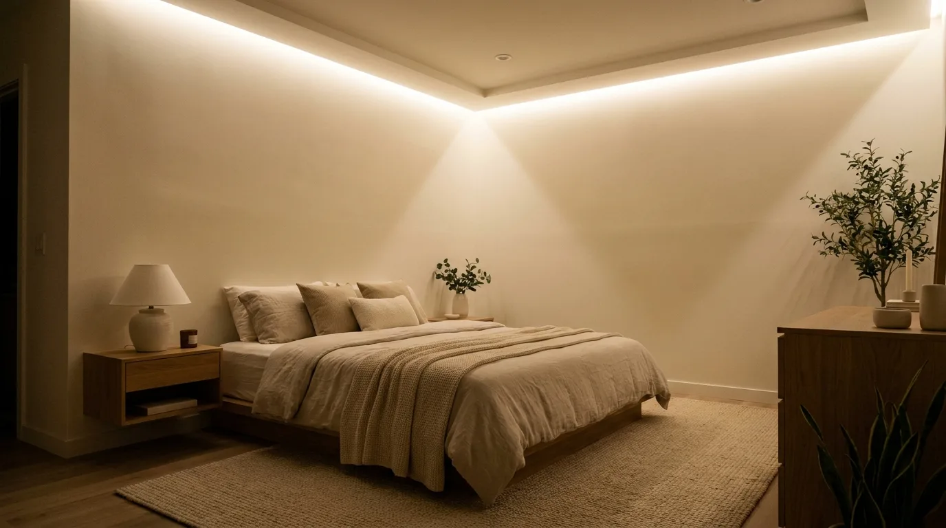Bedroom with a simple POP frame surrounding the ceiling fan