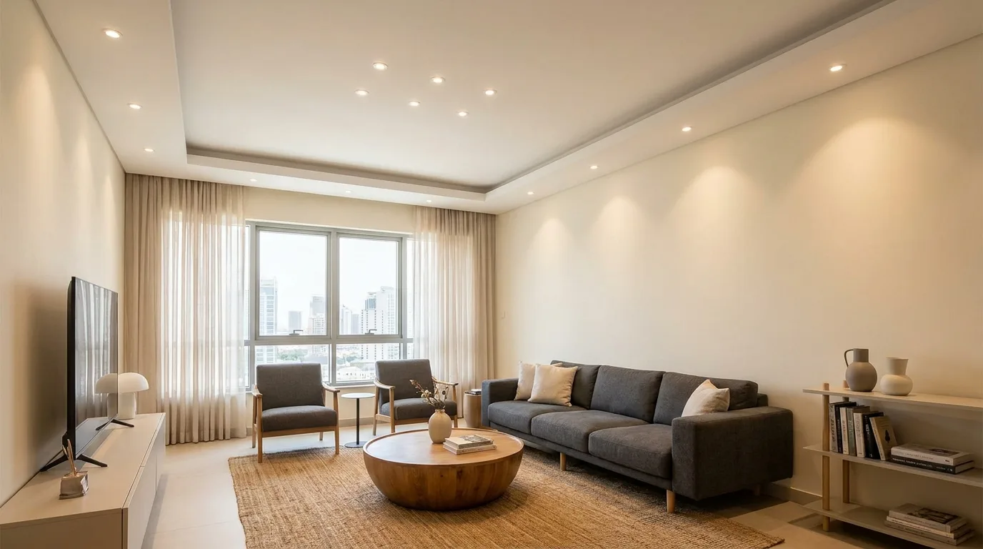 Cozy living room with a cove lighting false ceiling and warm indirect illumination