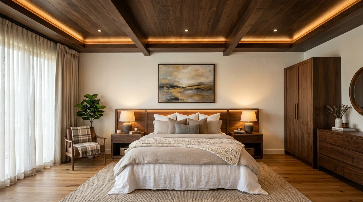 Wood-and-white false ceiling combination in a bright room