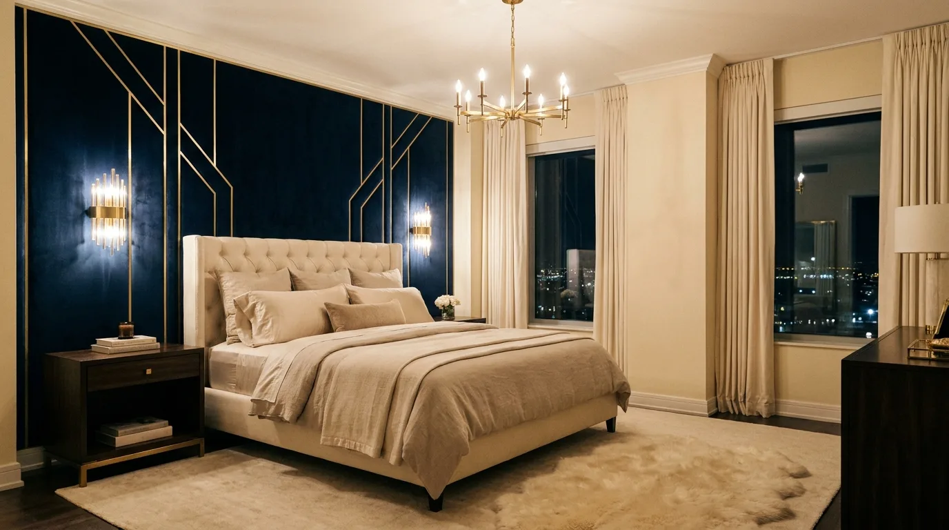 Elegant bedroom with deep blue and taupe walls, dark wood furniture, and cream bedding.