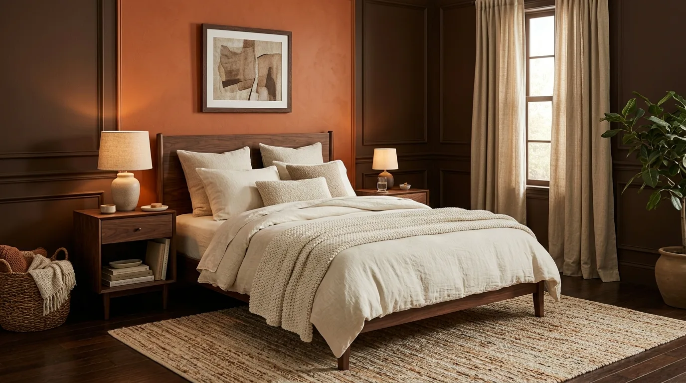 Nature-inspired bedroom with orange and olive green walls