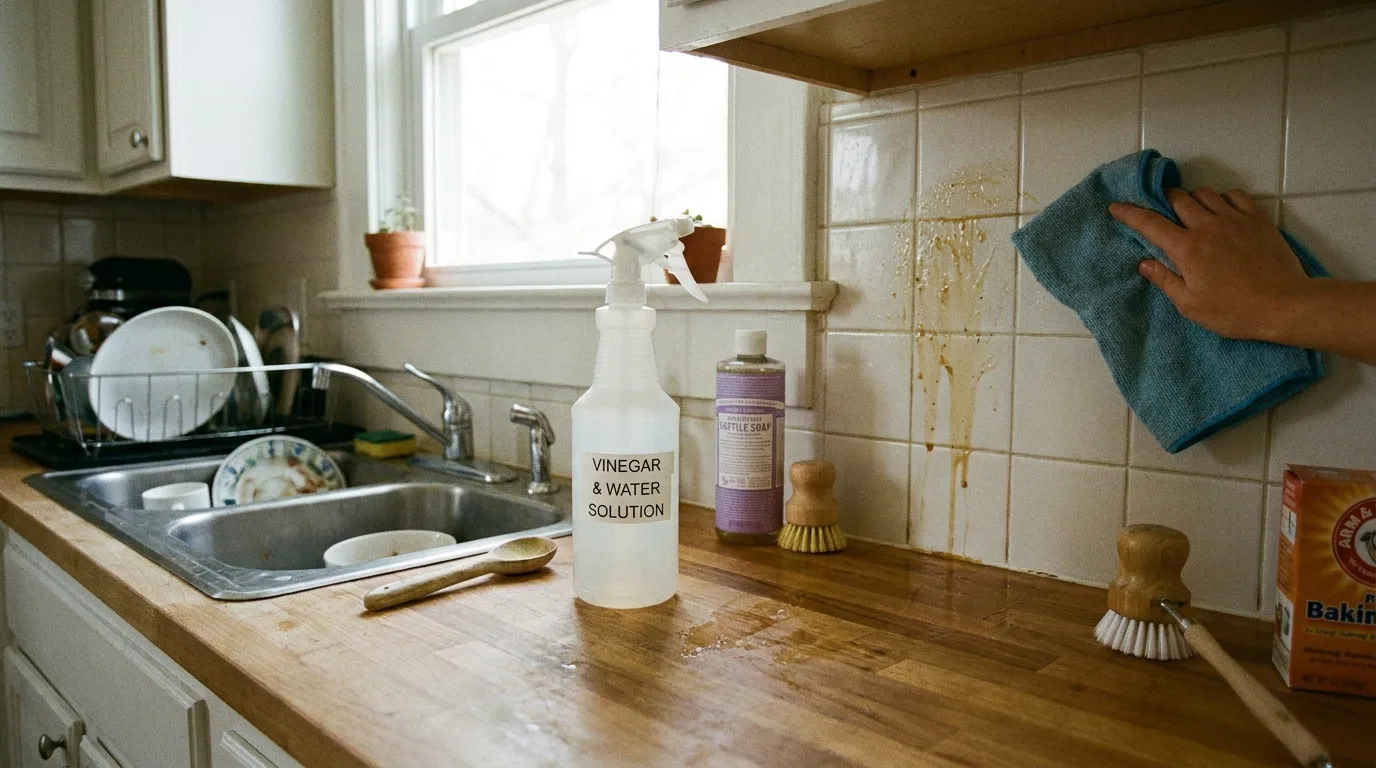 Gently scrubbing baked-on grease from a stovetop