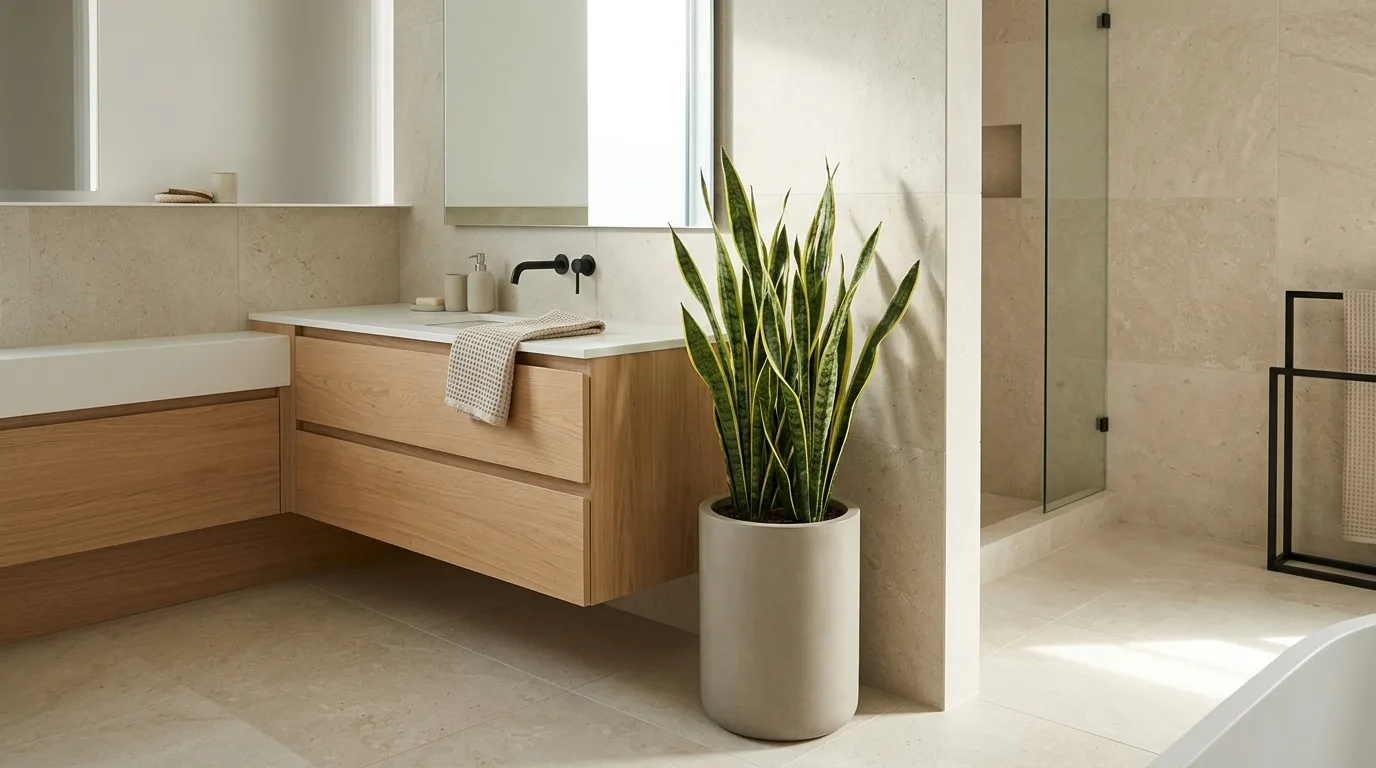 Snake plant in a sleek planter beside a modern bathroom vanity