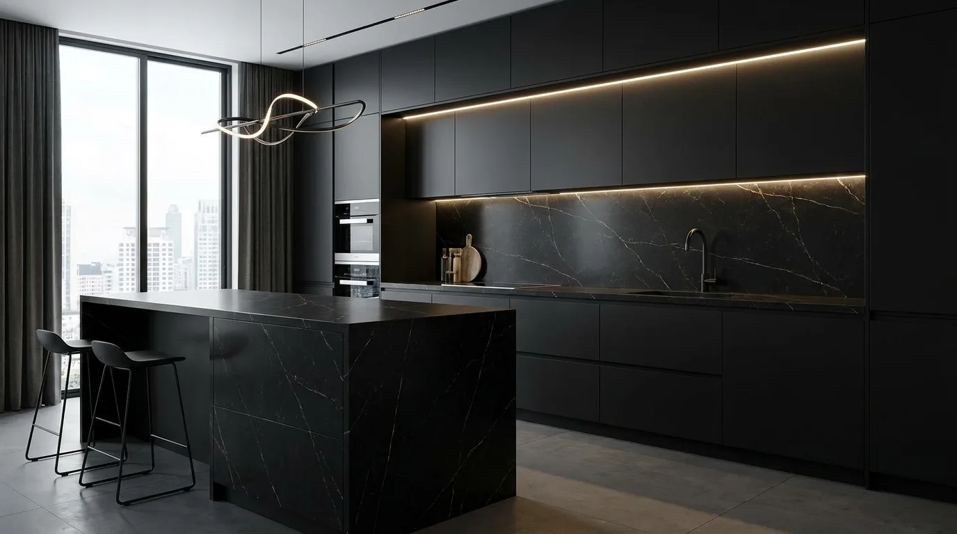 Black quartz countertop with subtle white veining