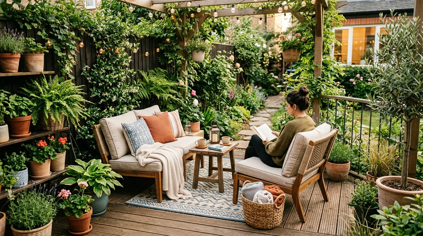 Refreshed old backyard deck with new stain, furniture, plants, and lighting