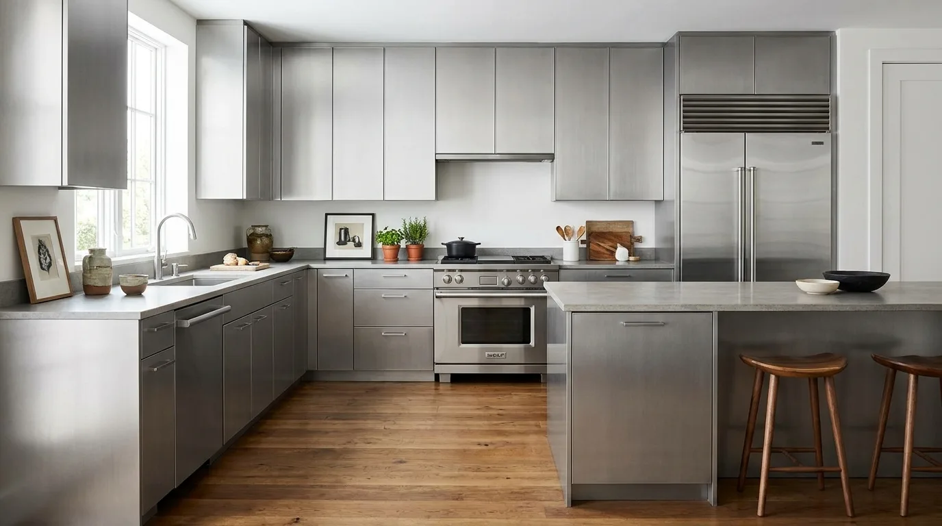 Minimalist kitchen with seamless handleless aluminium cabinets