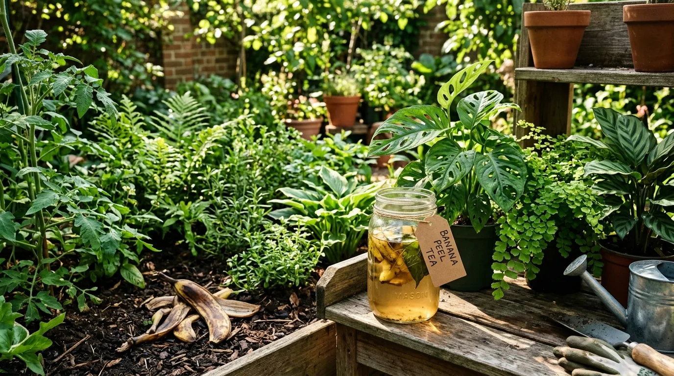 Houseplants with a small jar of banana water