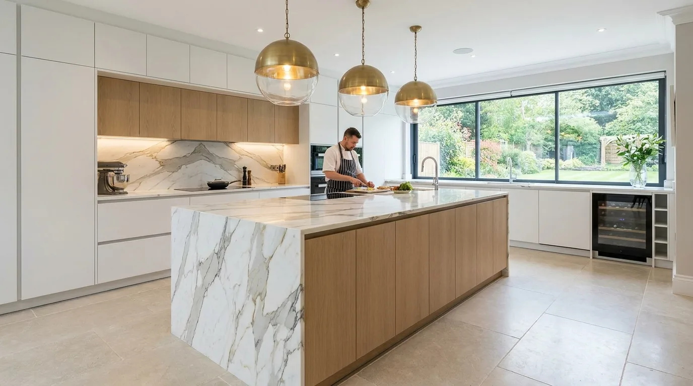 Kitchen with dramatic natural granite countertop movement