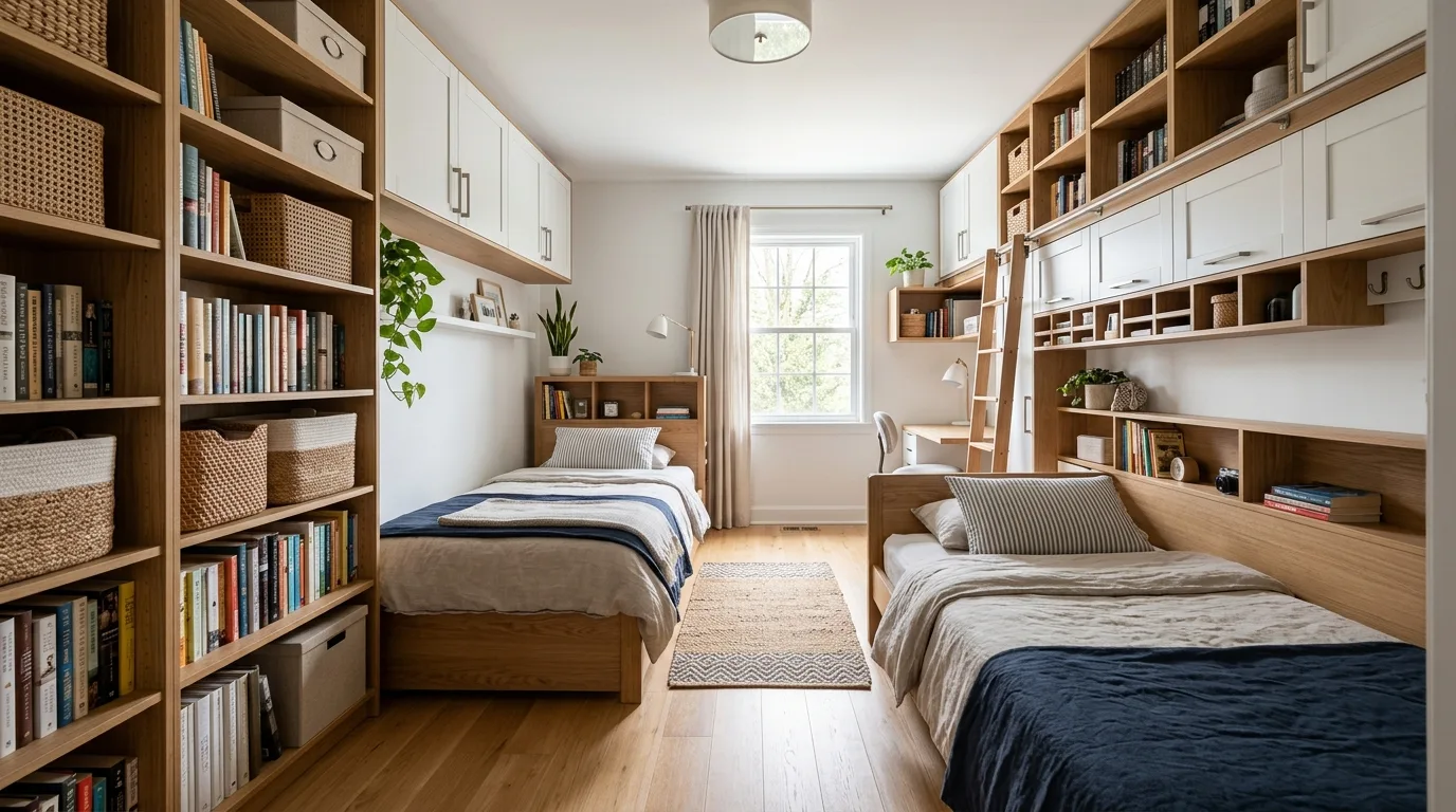 Small bedroom with two beds and space-saving wall-mounted bedside shelves