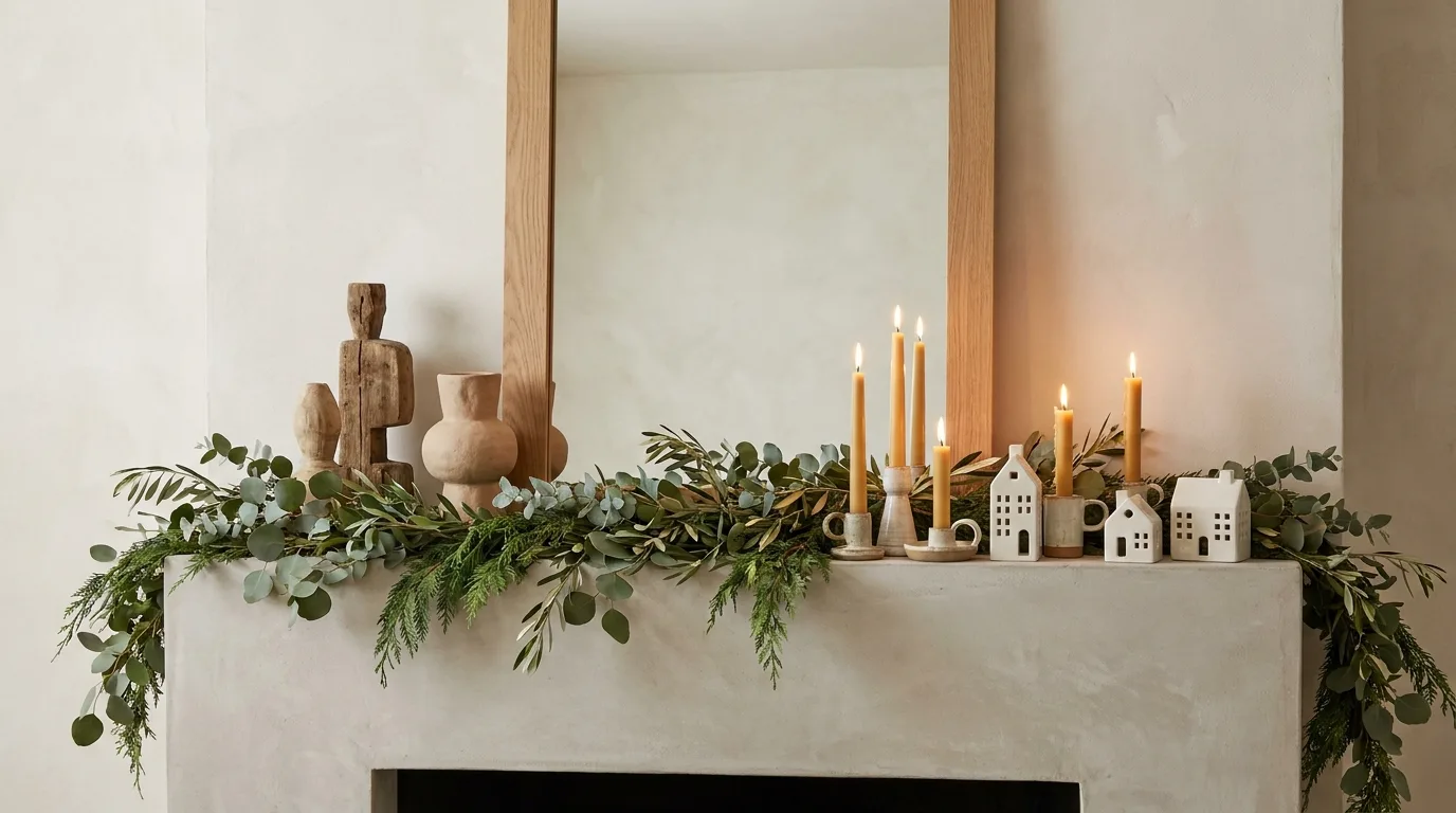 Modern Christmas mantel with loose greenery, candles, ceramics, and asymmetrical styling