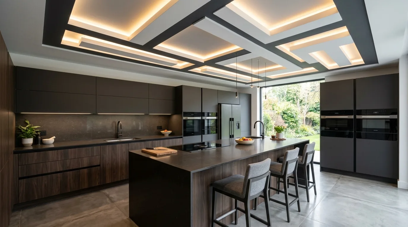 Modern kitchen with linear LED channels integrated into the ceiling