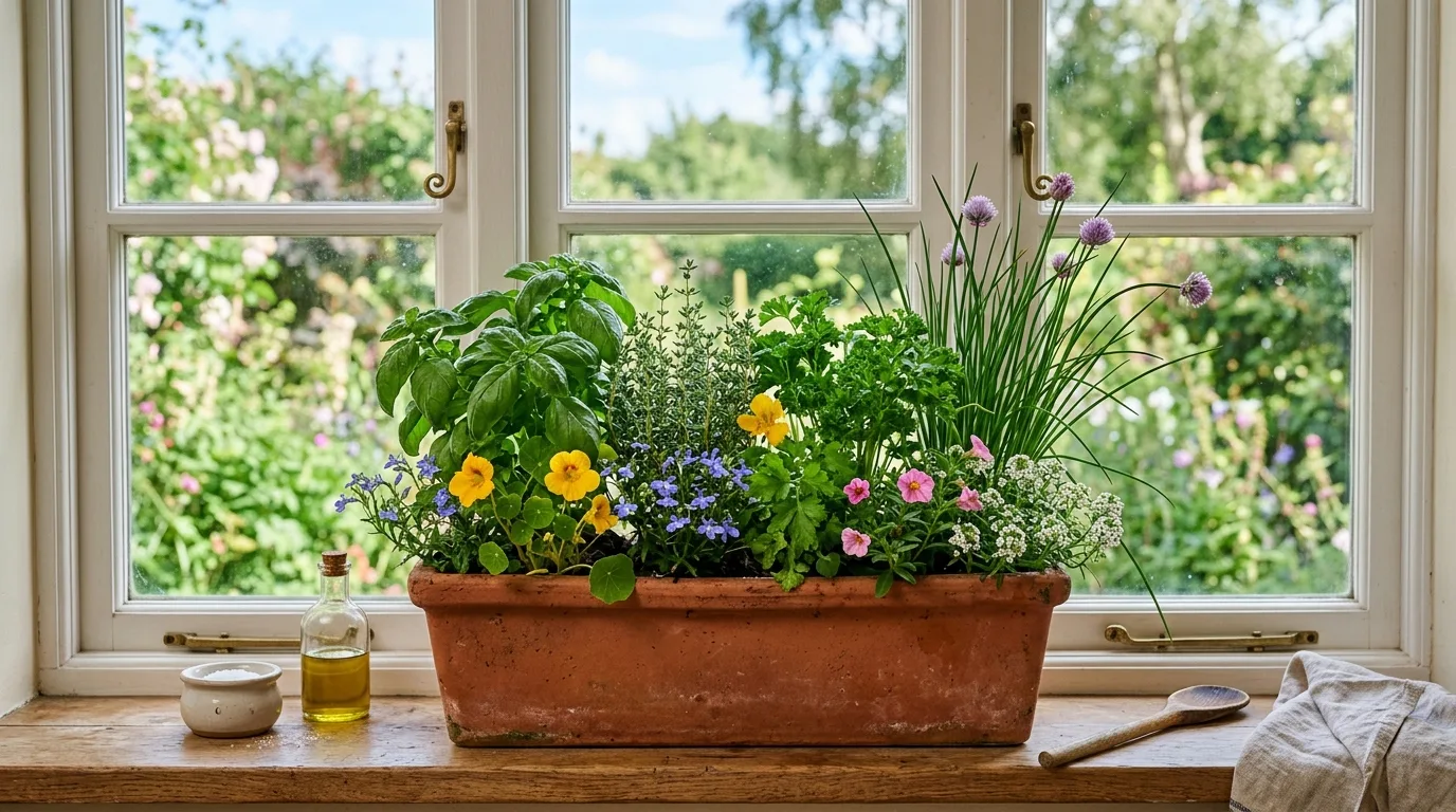 Overflowing colorful petunias cascading from a window box