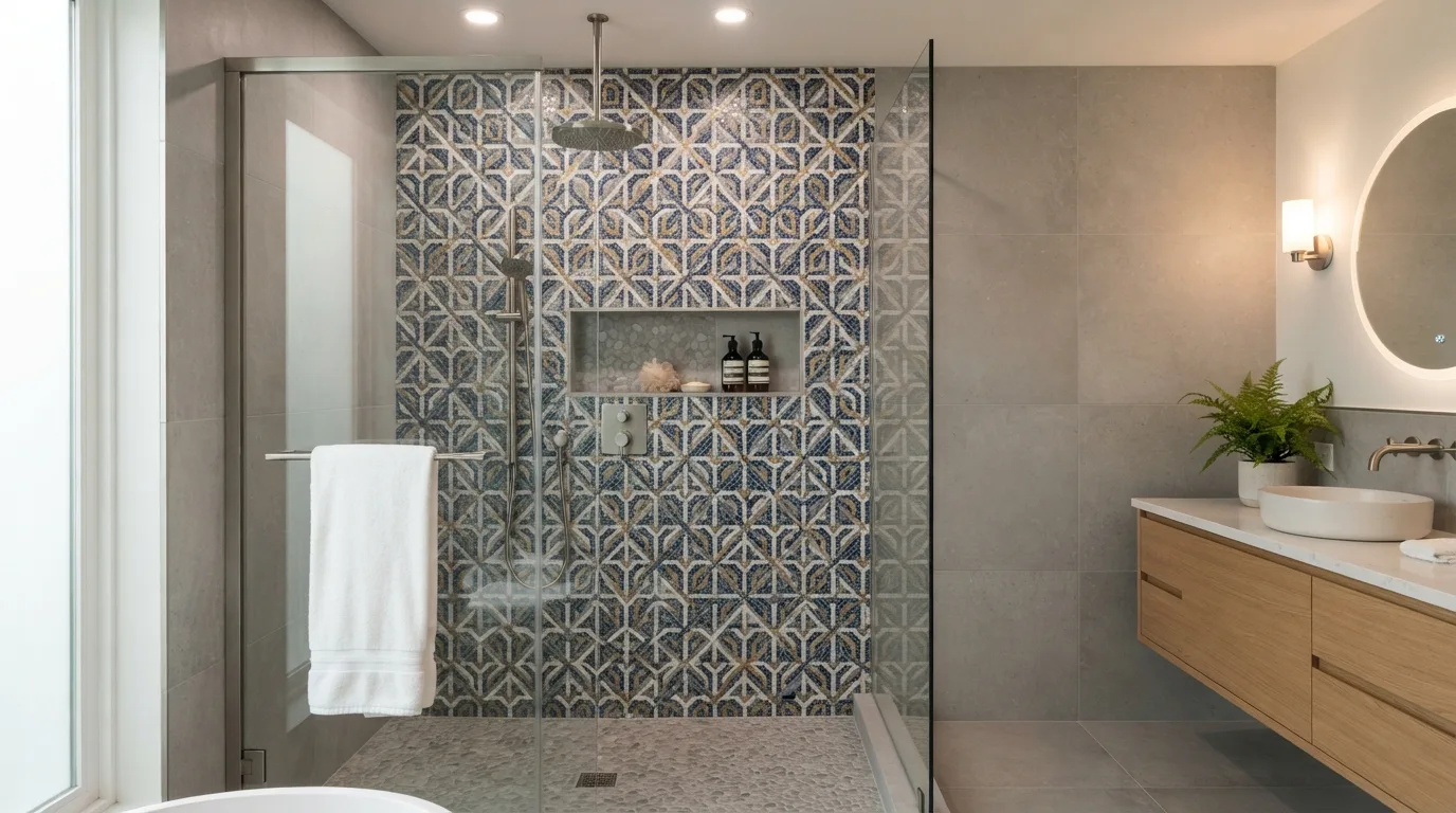 Warm travertine cladding tiles in a Mediterranean bathroom