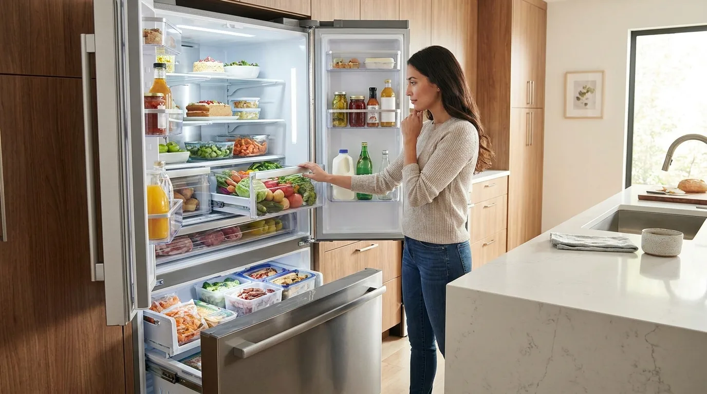Professional technician repairing a refrigerator in a home kitchen