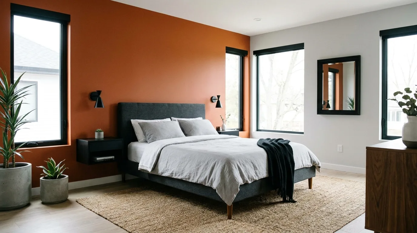 Cozy terracotta and dusty pink bedroom with elegant details