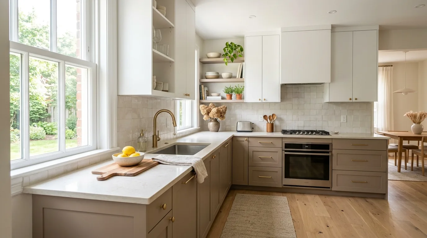 Soft blue and light oak two-color kitchen cabinetry