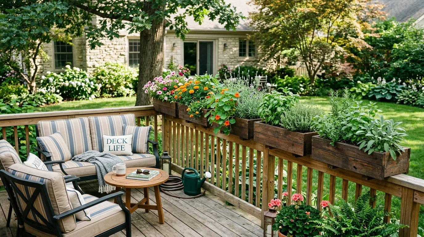 Backyard deck filled with colorful container gardens