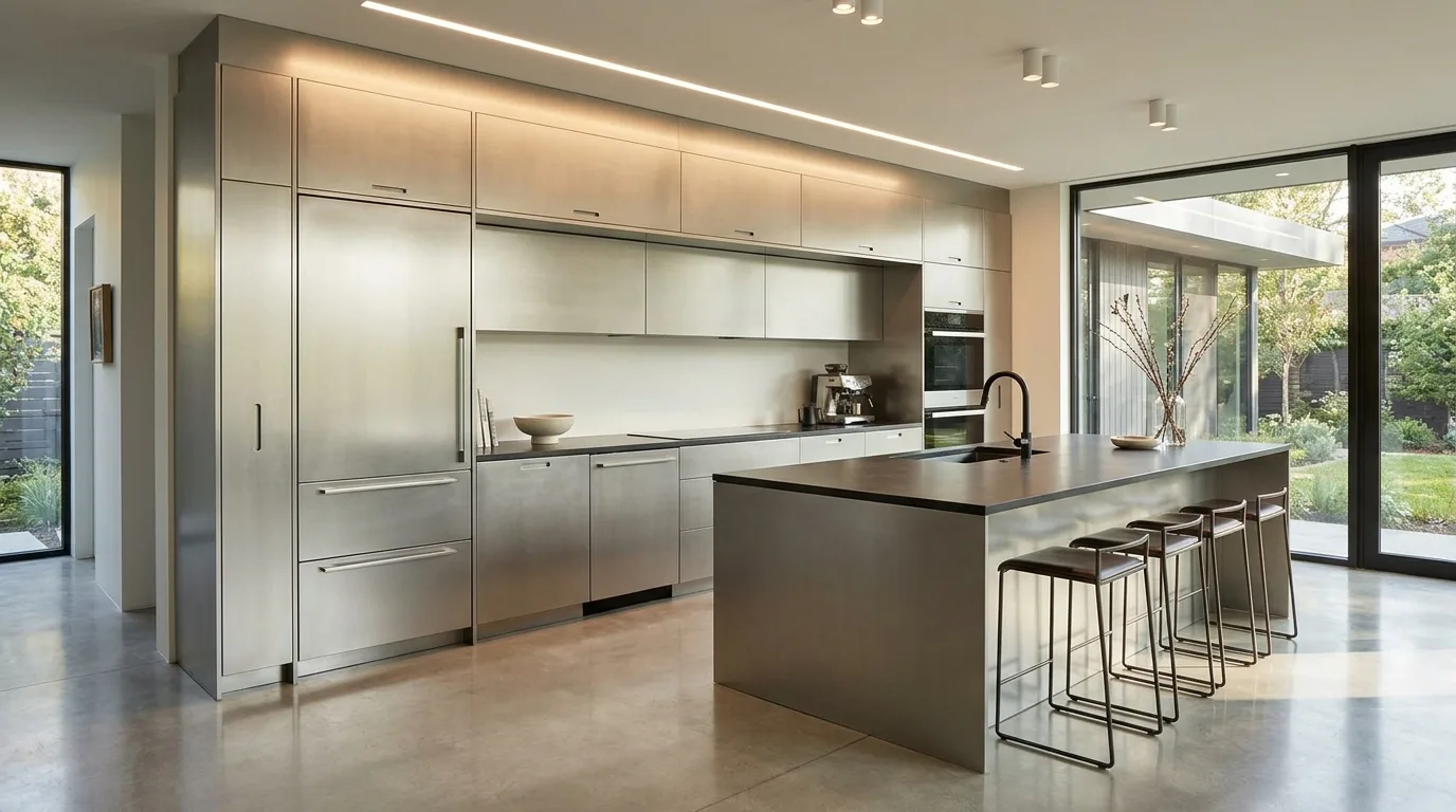 Small kitchen maximizing storage with light aluminium cabinets