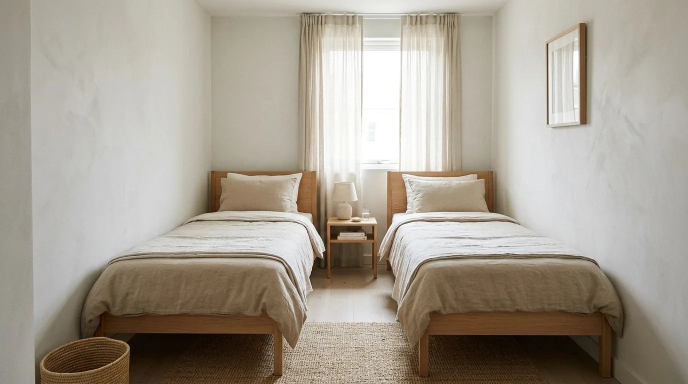Compact bedroom featuring two stylish daybeds with an open central floor