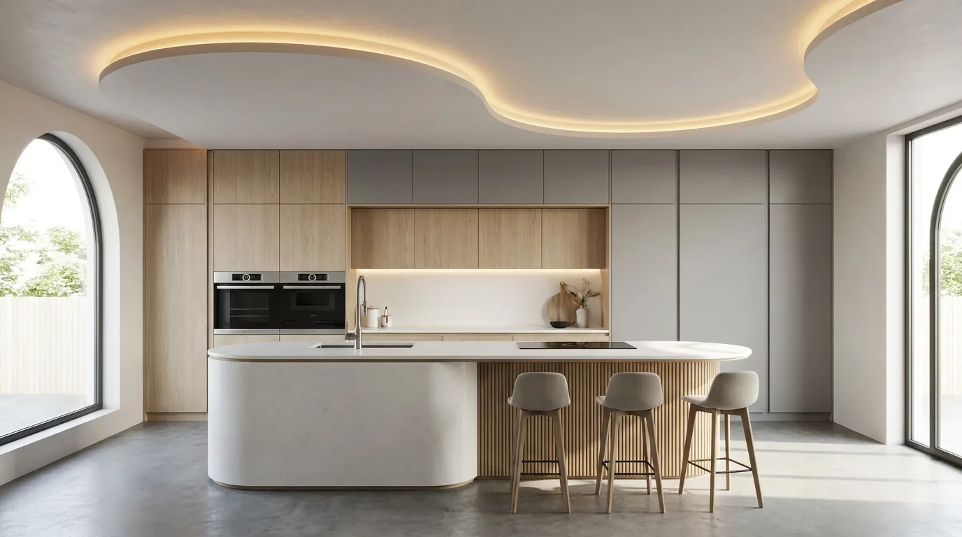 Modern kitchen with linear LED lighting in a false ceiling