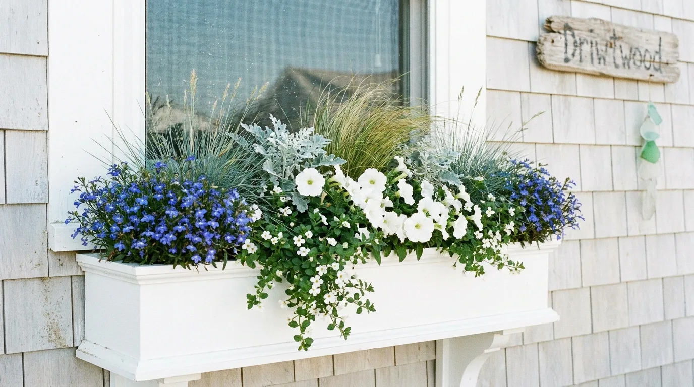 Classic window flower box overflowing with geraniums