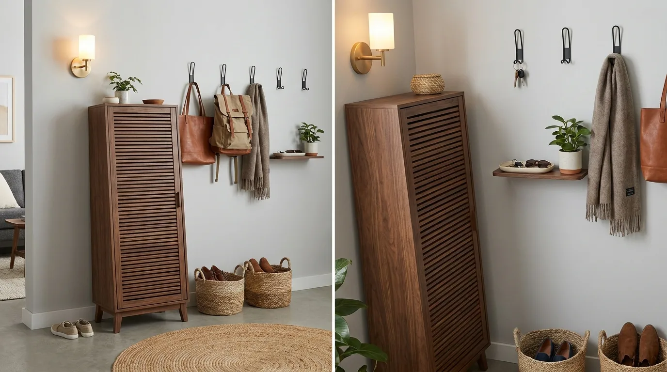Vertical wall storage in a compact living room