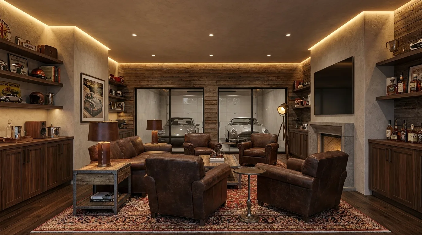 Automotive garage man cave with racing posters, model cars, tools, and leather chairs