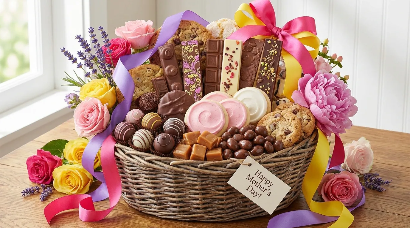 Chocolate Mother’s Day basket filled with truffles, candies, cookies, nuts, and homemade treats