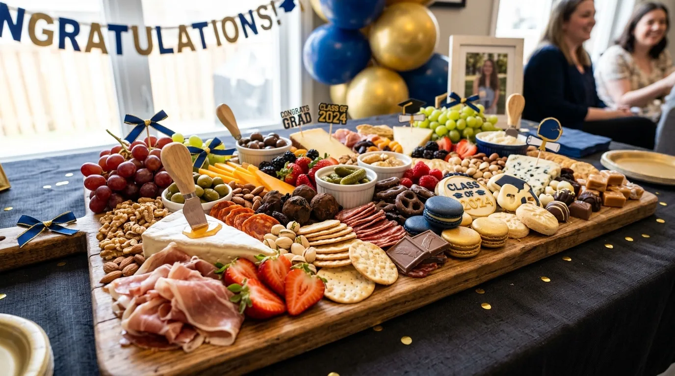 Individual graduation charcuterie boards with cheese, meat, crackers, fruit, sweets, and name cards